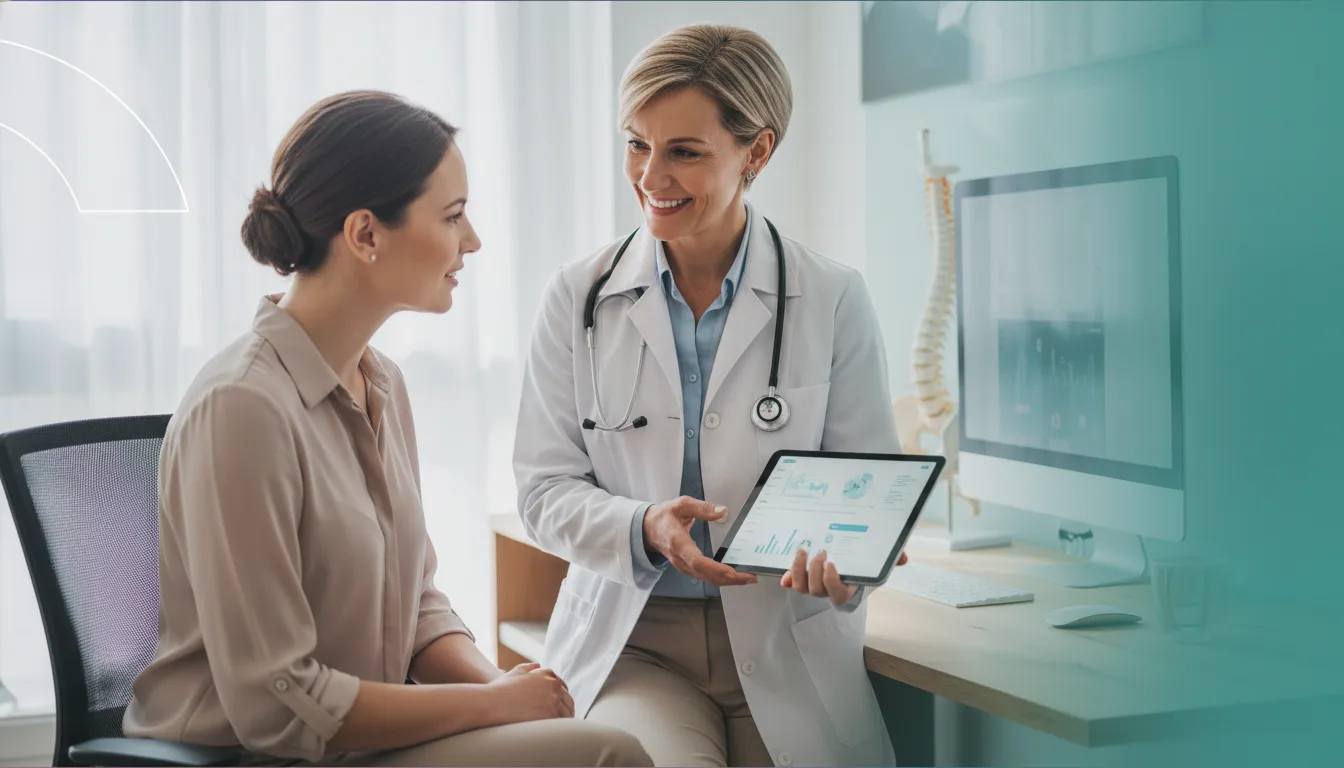 imagem de uma médica sorrindo enquanto orienta um paciente em consultório, mostrando uma prancheta ou tablet com informações, ambiente claro e acolhedor, estilo profissional e confiável
